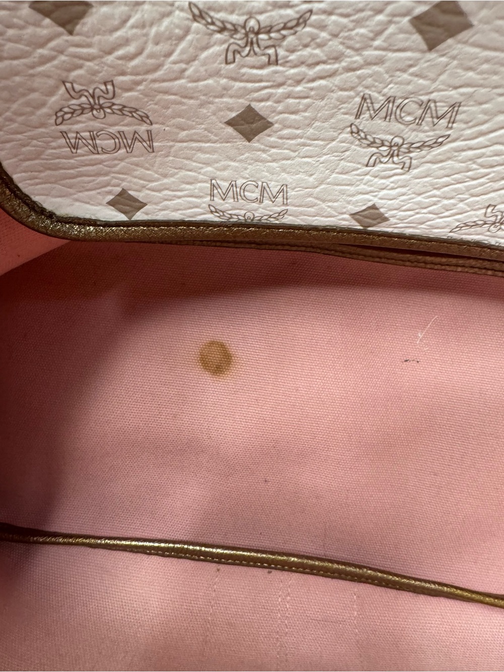 Luxury MCM Cream Visetos Tote J5638 Dark Mustard Trim, Silver Lion Banner - Picture 11 of 11